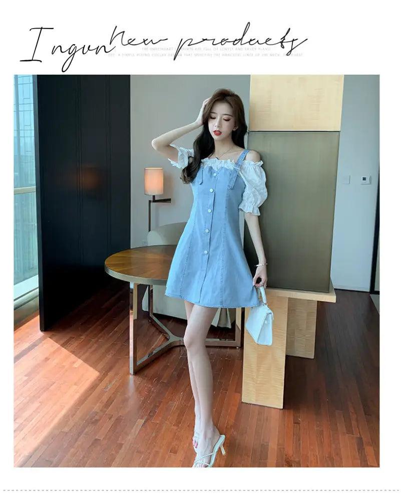Ingvn - Denim Dress Fashion Lantern Sleeve Woman Dresses Clothes Gauze Patchwork Vestidos Ruffles Korean Off Shoulder Robe