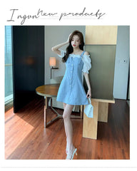 Ingvn - Denim Dress Fashion Lantern Sleeve Woman Dresses Clothes Gauze Patchwork Vestidos Ruffles Korean Off Shoulder Robe