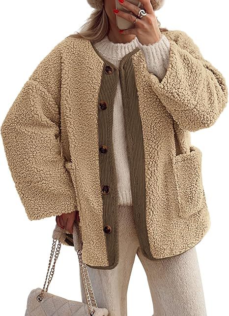Women's Warm Winter Coat Collarless Casual Long Sleeve Button Plush Lambskin Jacket Coat