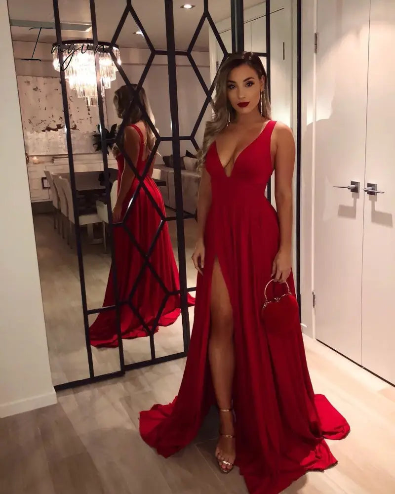 Ingvn - Sexy Bridesmaid Dresses Satin Simple V Neck High Slit Wedding Party Backless Evening Robe For Cccasion Long Prom Gown