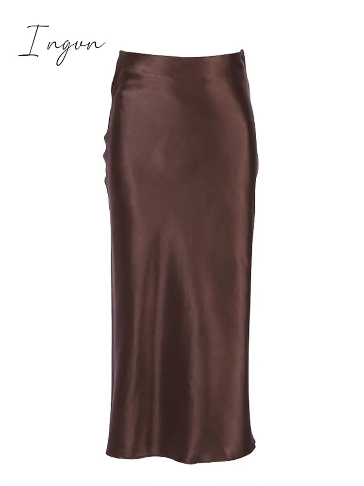 Ingvn - Solid Purple Satin Silk Skirt Women High Waisted Summer Long Skirt New Elegant Ladies Office Skirts Midi Spring
