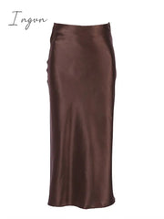Ingvn - Solid Purple Satin Silk Skirt Women High Waisted Summer Long Skirt New Elegant Ladies Office Skirts Midi Spring