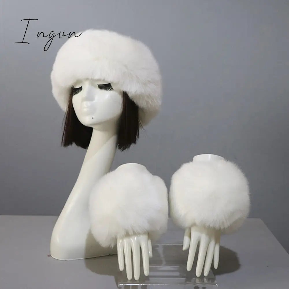 Ingvn - New Autumn Winter Caps Female Hats Cuffs Set Fashion Warmth Imitation Quality Design Faux Fur Hat Fox Fur Sleeves Suit Accessary