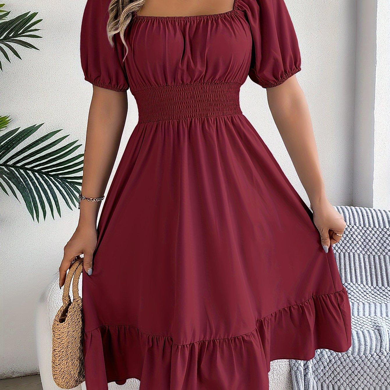 Solid Puff Sleeve Square Neck Waist Dress, Elegant Ruched Bust Ruffle Hem Dress, Women's Clothing Wedding graduation engagement occasion ceremony party holiday vacation birthday