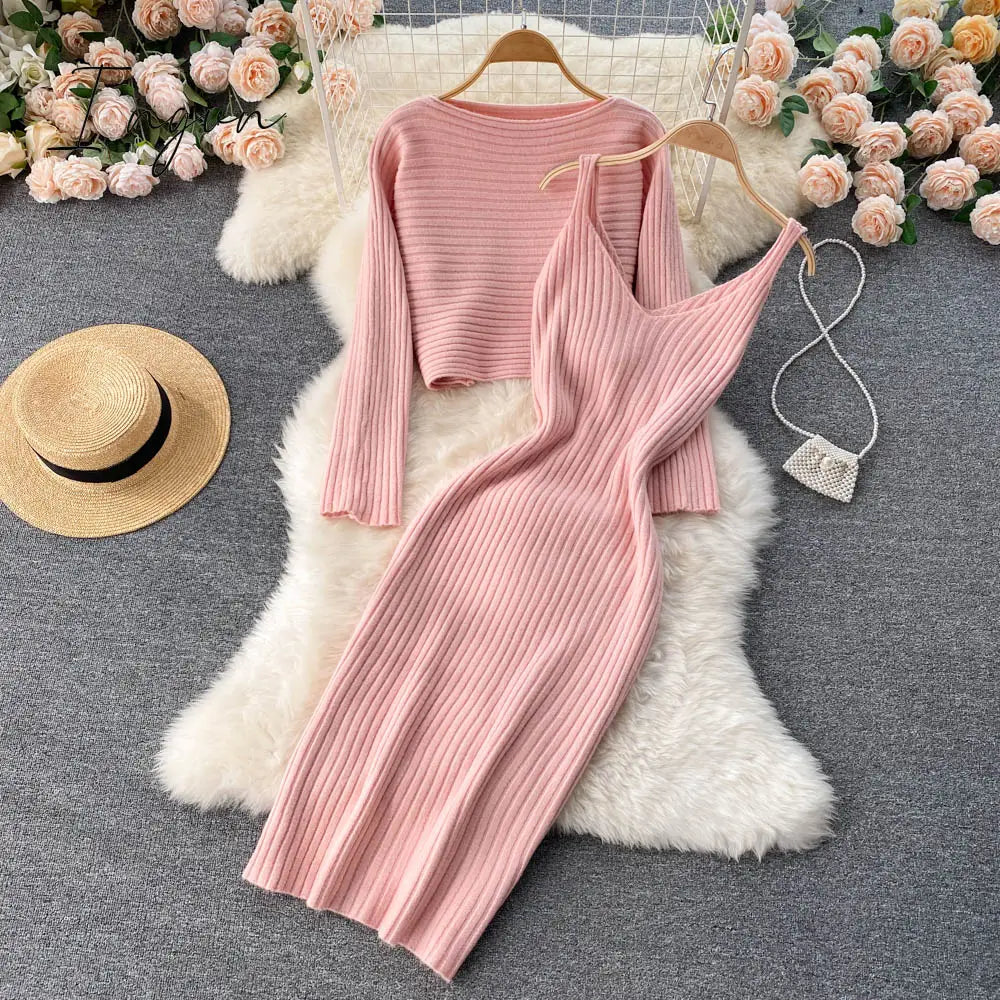 Ingvn - Women Elegant Slim Two Piece Sets Female Sweater Dress Autumn Winter High Waist Knitted Ensemble Femme Medium Long Party Dresses
