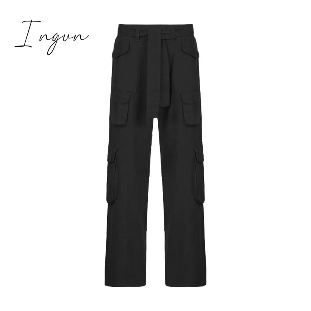 Ingvn - Fashion Women's Jeans Y2K High Street Waist Denim Trousers Drawstring Waist Flap Pocket  Baggy Jeans Loose Women's Classic Pants