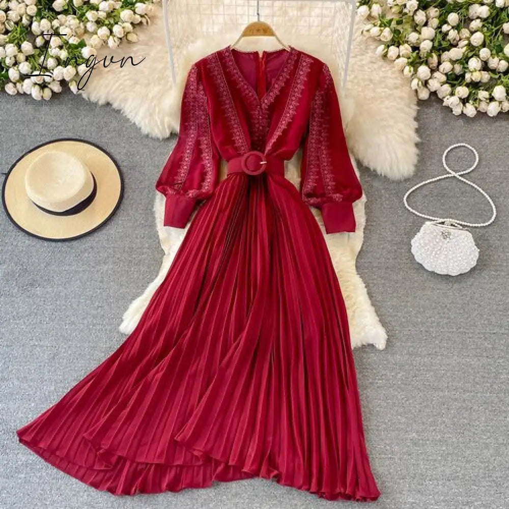 Ingvn - Red/Yellow/Black Embroidered Pleated Long Dress Vintage V-Neck Lantern Long Sleeve High Waist Draped Maxi Vestidos Female