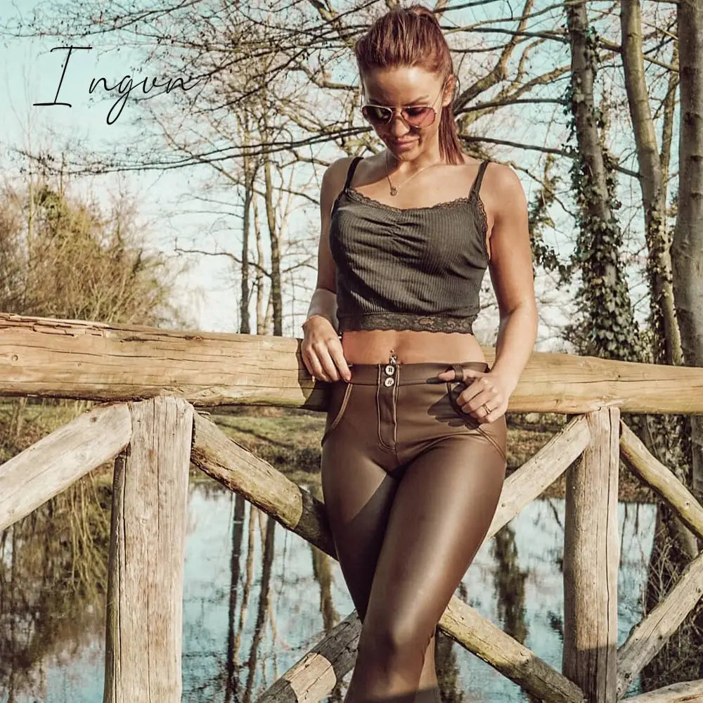 Ingvn - Melody Brown Leather Pants Vintage Trausers Women Leggings Pvc Sexy Comfortable Moto Work Pants Woman Vinyl Trousers
