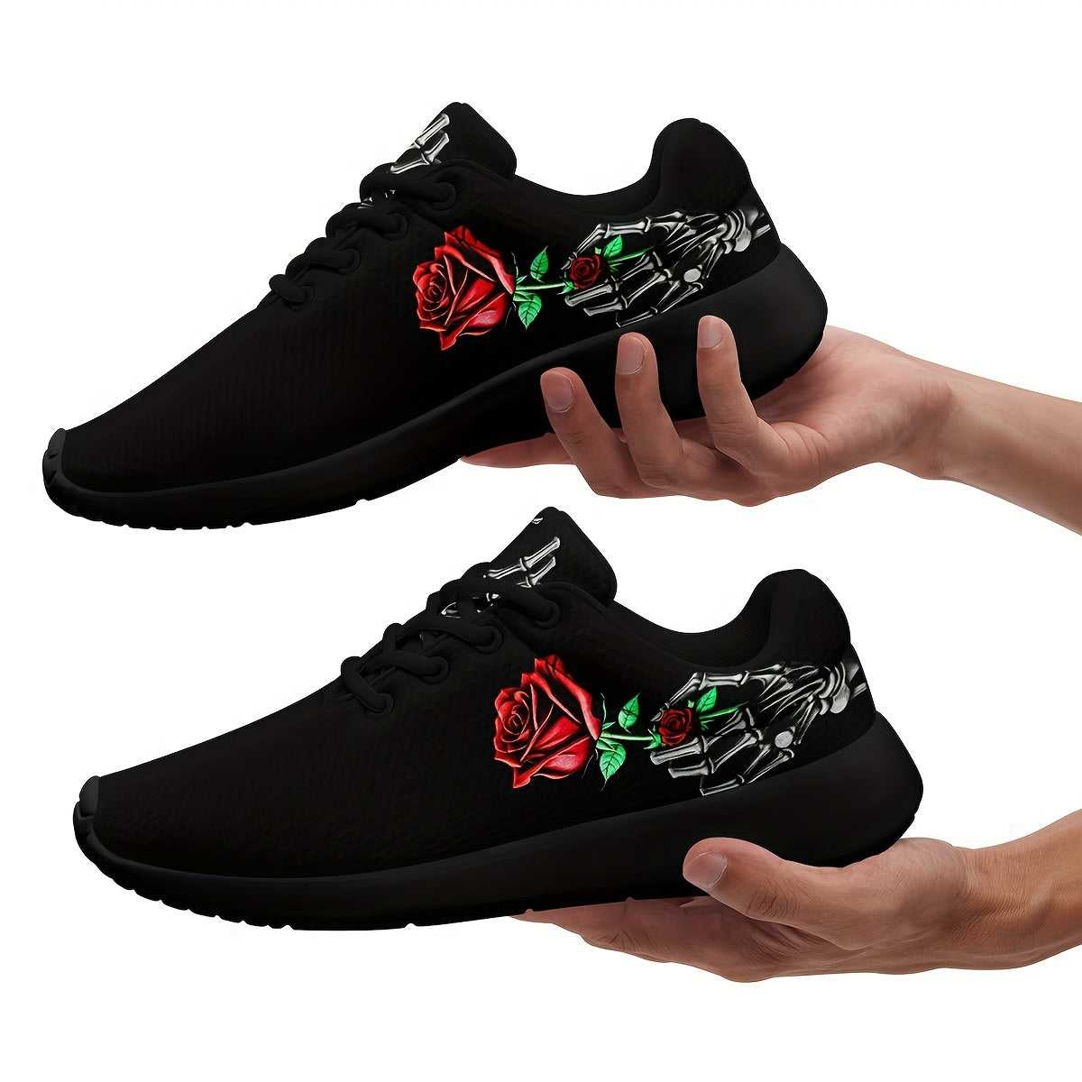 Womens Lightweight Breathable Mesh Sneakers - Cushioning Support, Anti-Slip Shock-Absorbing, Random Printing Skeleton & Rose Decor, Durable Low-Top Lace-up Athletic Shoes for All-Season Wear