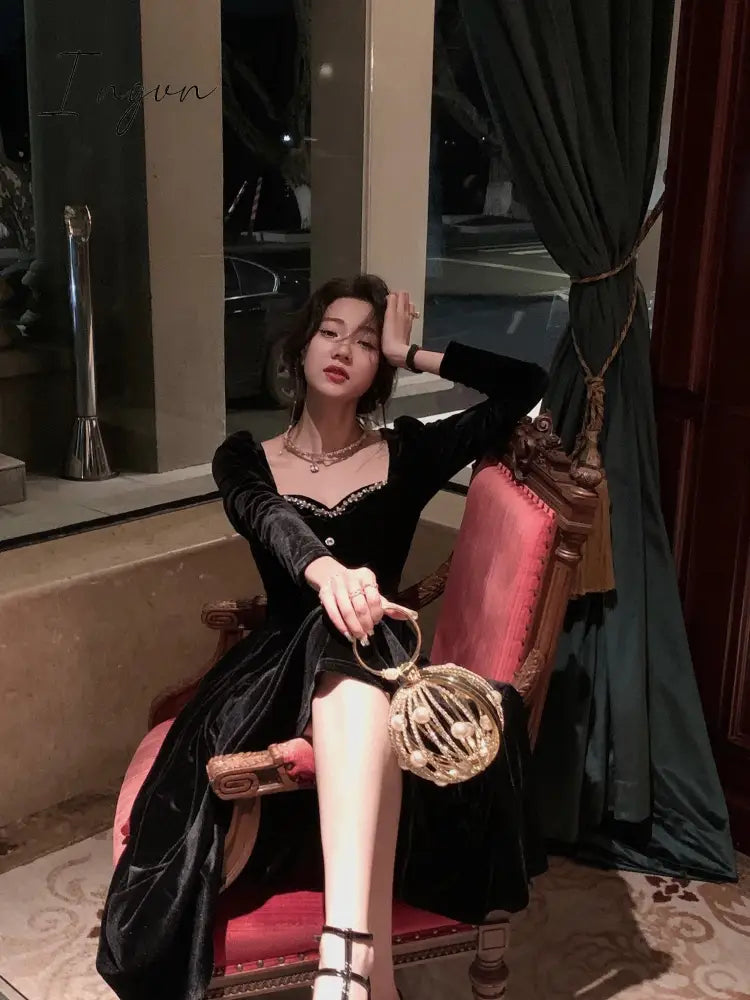 Ingvn - Summer New Elegant Spaghetti Strap Velvet Vintage Black Dress Women Sexy Prom Evening Party Fashion Clothing