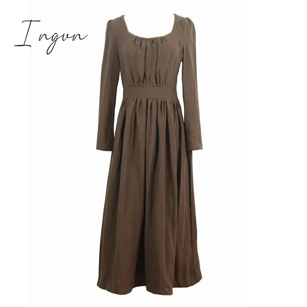 Ingvn - Spring Autumn Women 100%Linen Coffee Long Dress Ladies Victoria Royal Vintage Elegant Long Sleeve  High Waist Dress robe longue