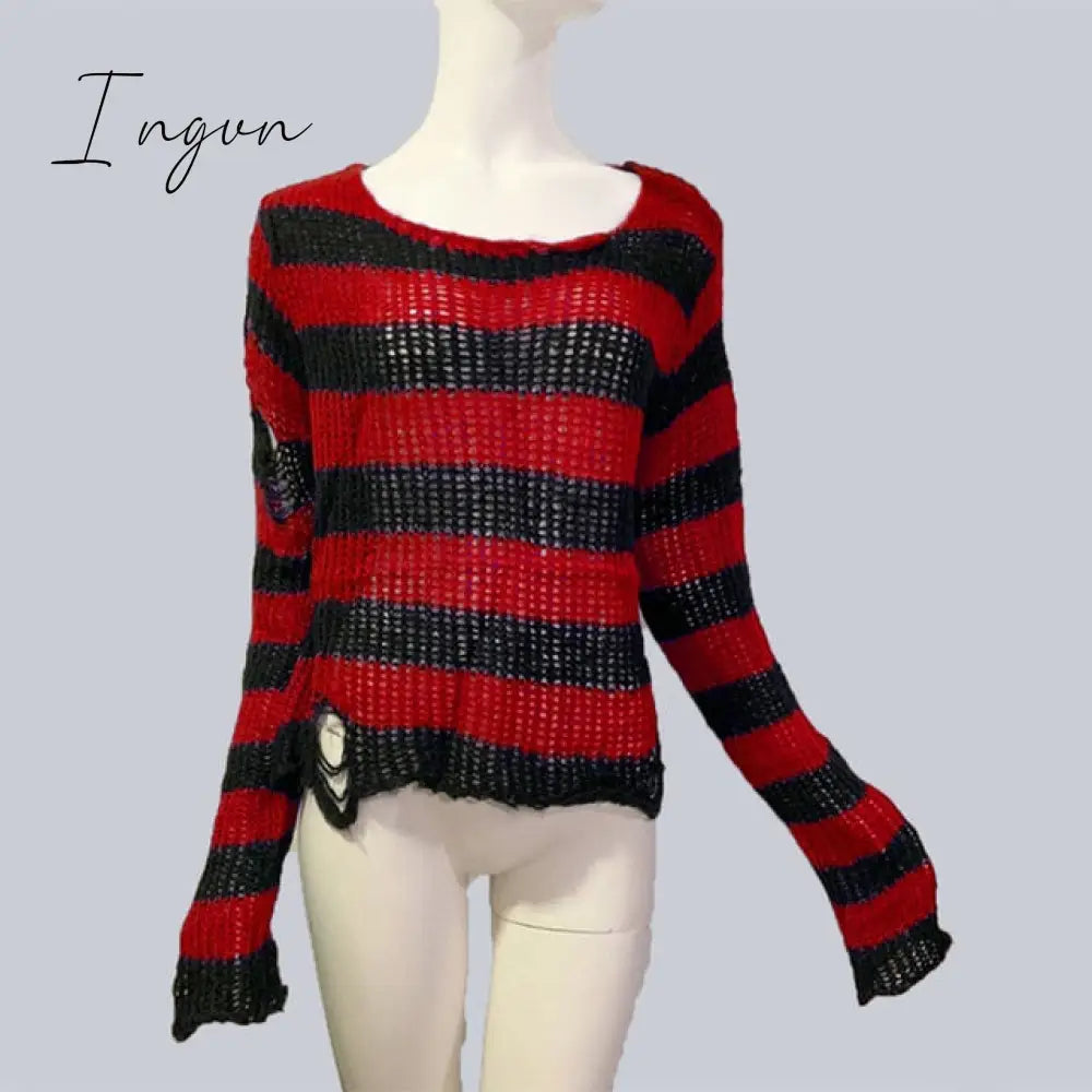 Ingvn - Plus Size Punk Gothic Long Unisex Sweater Dress Cool Hollow Out Hole Broken Jumper Loose Rock Thin Sweter Women Man Striped