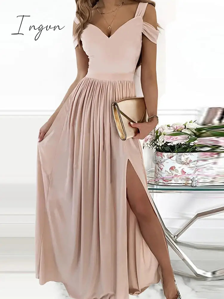 Ingvn - Female Short Butterfly Sleeve Split Fork Party Dress Solid Slim V Neck High Waist Dress Women Casual Summer Maxi Dress Vestidos