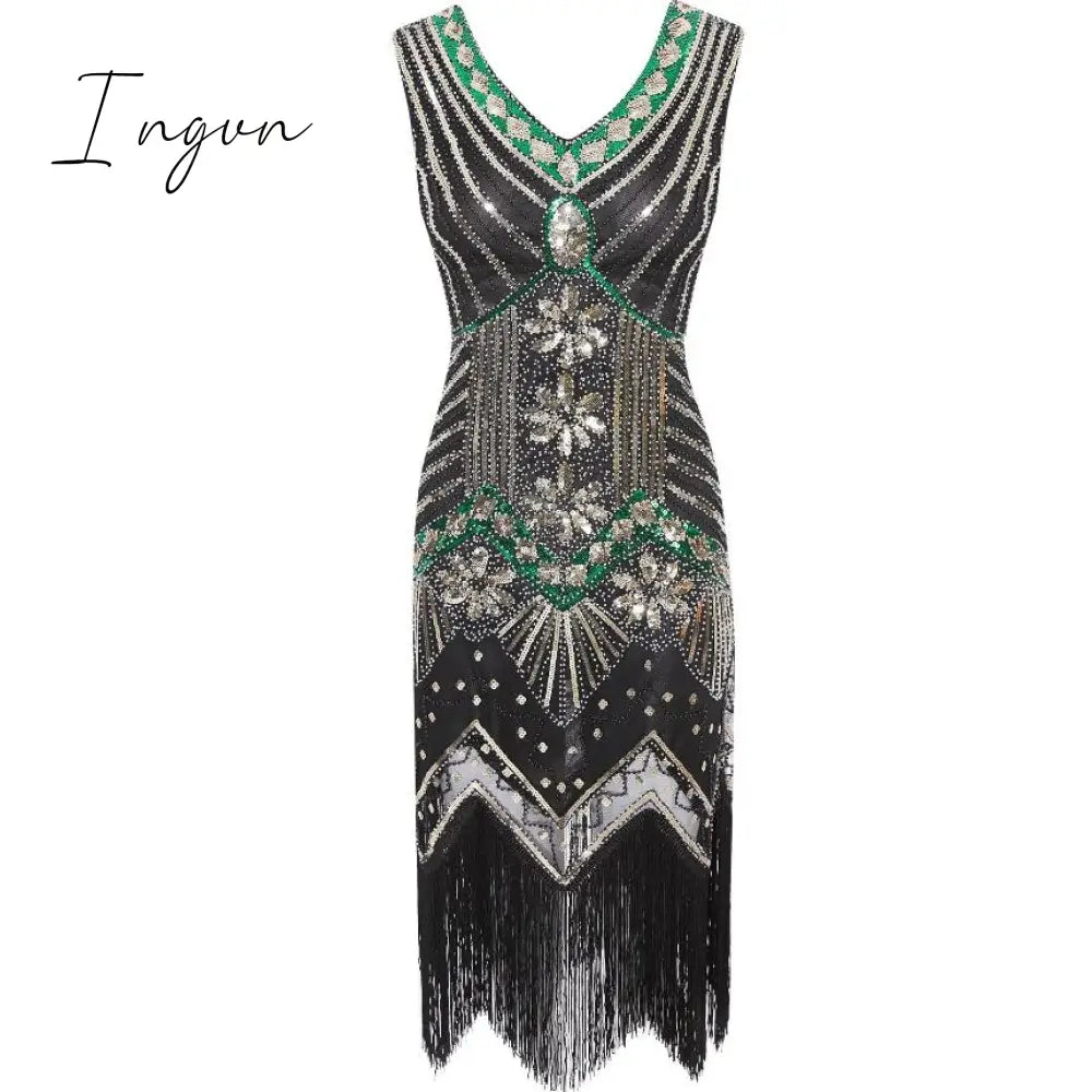 Ingvn - 1920s Vintage Flapper Great Gatsby Party Dress V-Neck Sleeveless Sequin Beaded style Style Tassel Flapper Vestidos Feminina 1920