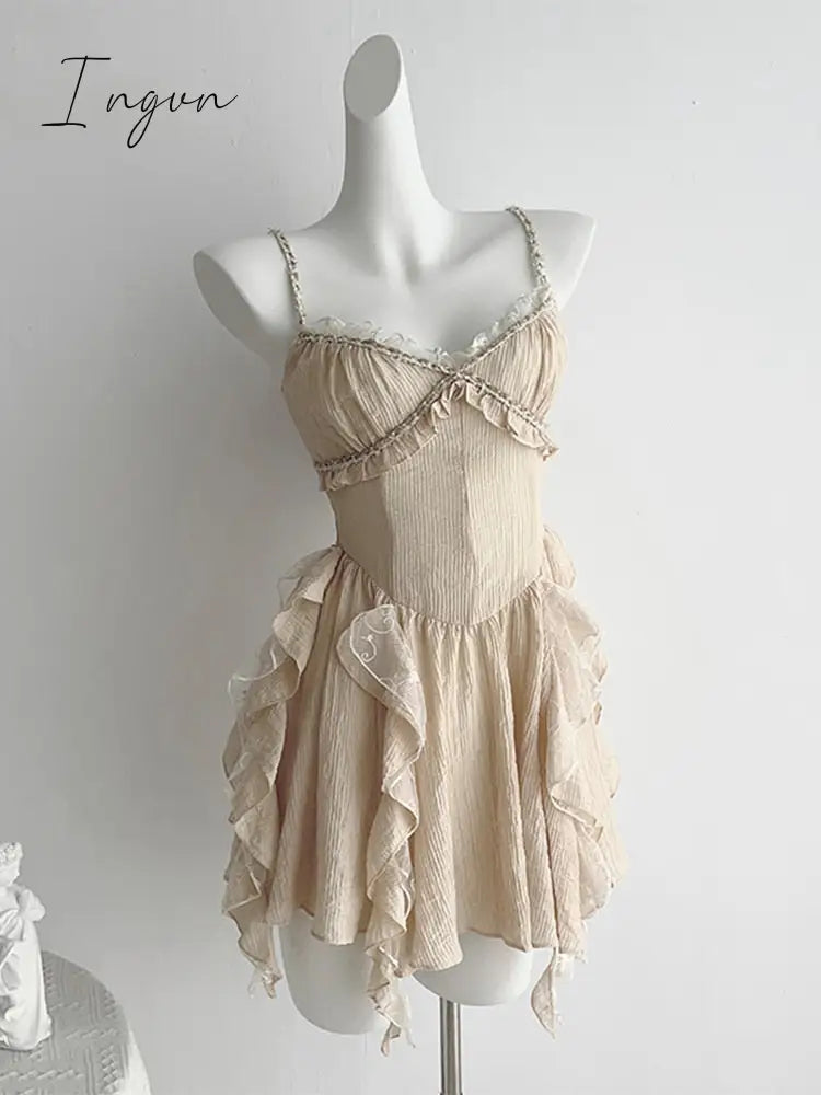 Ingvn - 2023 Summer Women French Ruffle Design Vintage Mini Spaghetti Strap Dress Prom Frocks Aesthetic Party Evening Elegant Luxury New