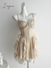 Ingvn - 2023 Summer Women French Ruffle Design Vintage Mini Spaghetti Strap Dress Prom Frocks Aesthetic Party Evening Elegant Luxury New