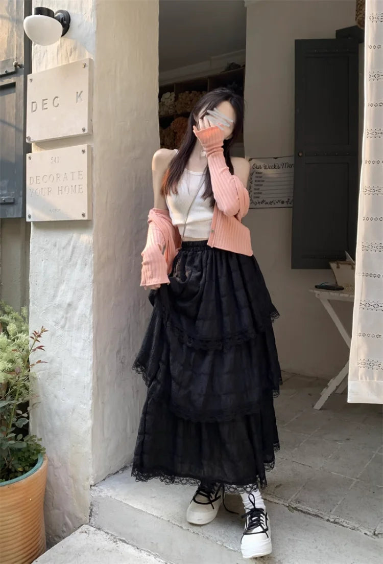 White Gauze Half Skirt Women Summer New French Vintage Cake Skirt High Waist A-line MIDI Skirt Korean Fashion Faldas