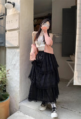 White Gauze Half Skirt Women Summer New French Vintage Cake Skirt High Waist A-line MIDI Skirt Korean Fashion Faldas