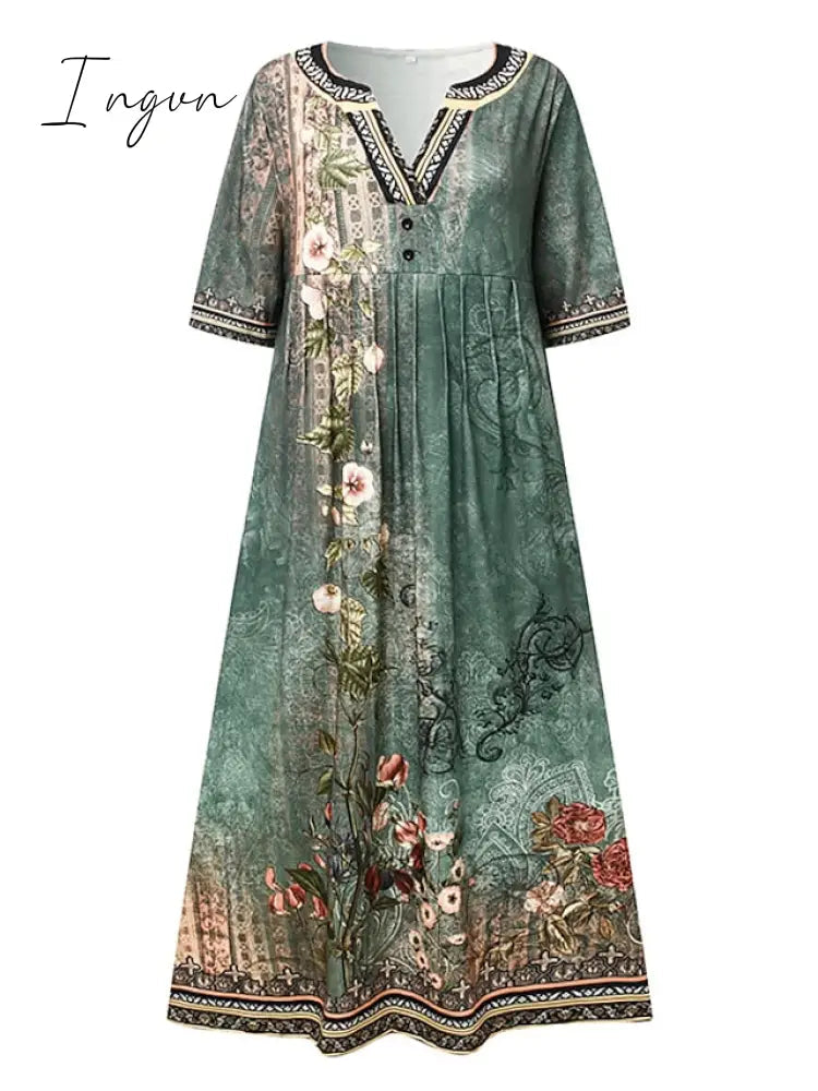 Ingvn - Women's Casual Dress Shift Dress Midi Dress Navy Blue Blue Orange Half Sleeve Floral Ruched Summer Spring V Neck Vintage Christmas Vacation 2023 S M L XL XXL 3XL