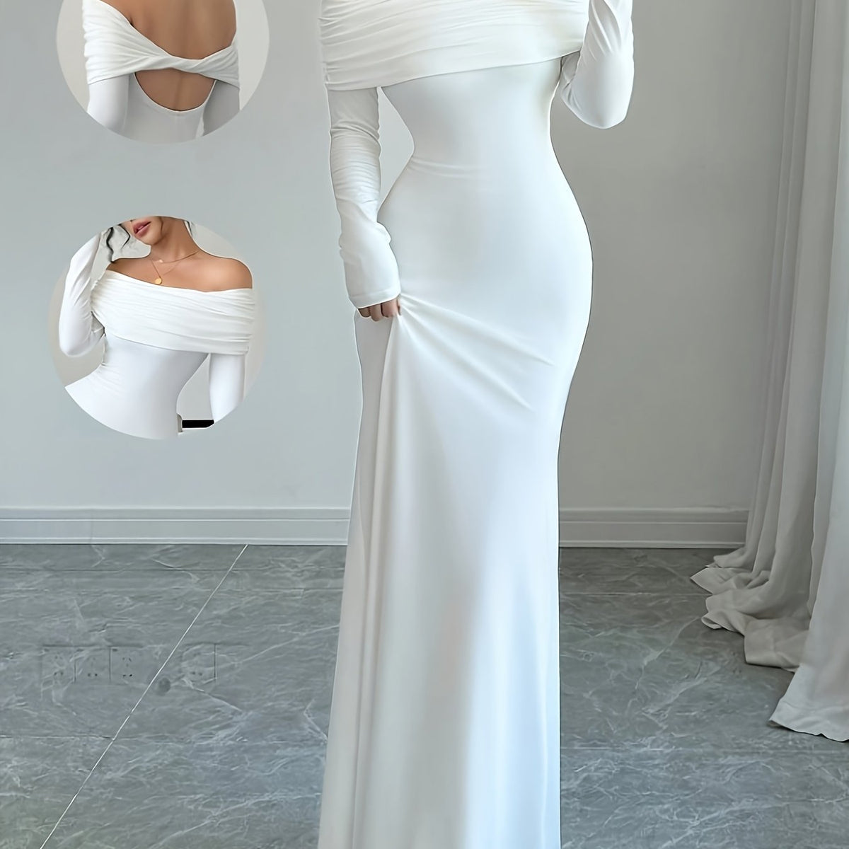 1pc Elegant White Polyester Bodycon Maxi Dress, Long Sleeve Off-Shoulder Backless Ribbed Knit Twist Fish Tail Hem, All-Season Solid Color Dress for Adults