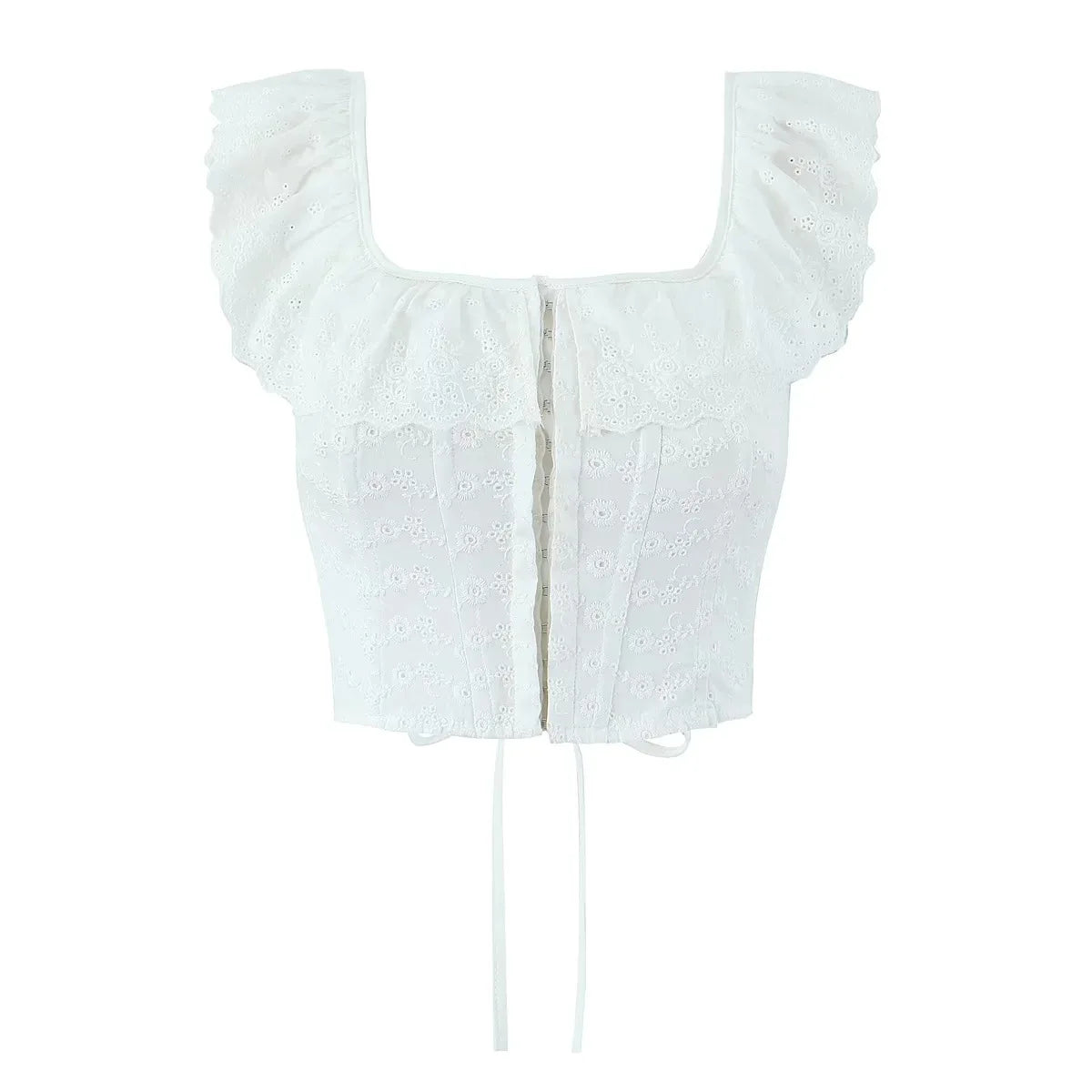 Lace Ruffles Corset Short Vest Women Backless Off Shoulder Cropped Tops 2025 Summer Fishbone Party Club Slim White Tops Clothes