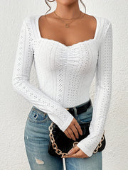 Feminine Sweetheart Neck Eyelet T-Shirt - Delicate Lace Trim, Long Sleeve Slim Fit Top for Spring & Fall - A Must-Have Womens Casual Wardrobe Essential