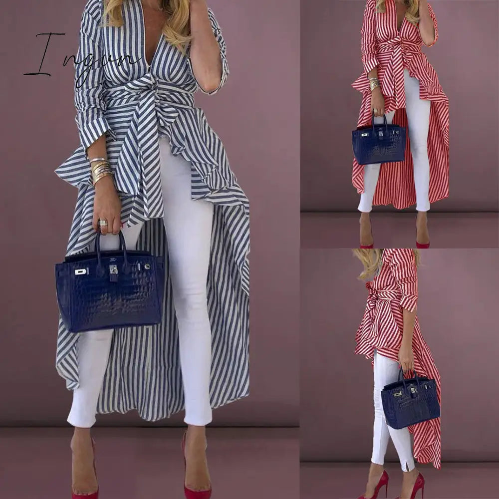 Ingvn - High Street Women Stripe Shirts Long Sleeve V-neck Loose Tops Blouse Striped Tied Front Dip Hem Shirt With Belt Long Shirts
