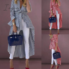 Ingvn - High Street Women Stripe Shirts Long Sleeve V-neck Loose Tops Blouse Striped Tied Front Dip Hem Shirt With Belt Long Shirts