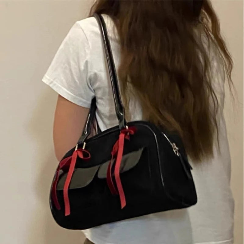 INGVN  2024 New Women Y2k Aesthetic Bow Shoulder Bags Vintage Casual Streetwear Fashion Handbags Trendy All Match Simple Underarm Bag