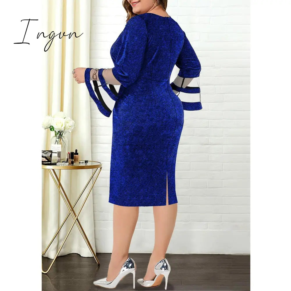 Ingvn - Plus Size Women Dresses Autumn Elegant Bright Silk Wedding Evening Birthday Party Dress V Neck Mesh Sleeve Club Outfits 8XL