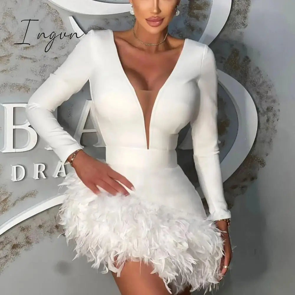 Ingvn - Deep V Neck Feather Mini Dress Women Robe Autumn New Long Sleeve Zipper Bodycon Sexy Party Evening Dresses Clothes