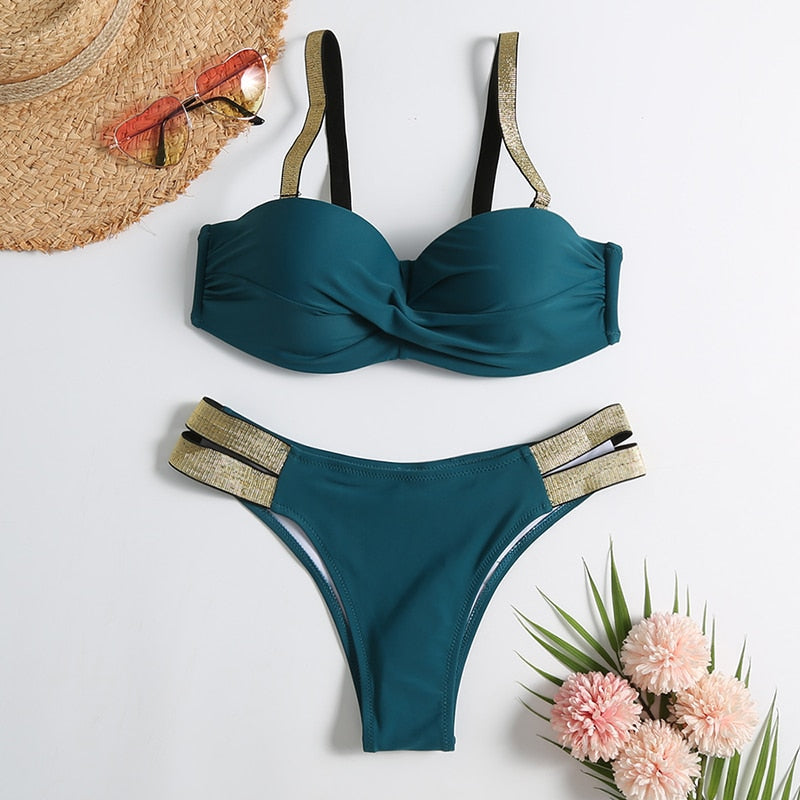 Vintage Retro Bikini Patchwork Swimsuit Thong Brazilian Sexy Swimwear Female  New Summer Micro V-bar Green Bathing Suits