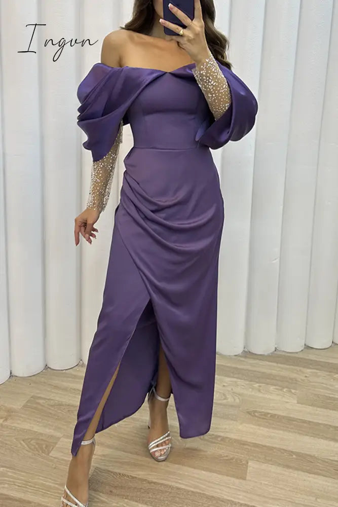 Ingvn - Elegant Solid Slit Fold Off the Shoulder Evening Dress Dresses