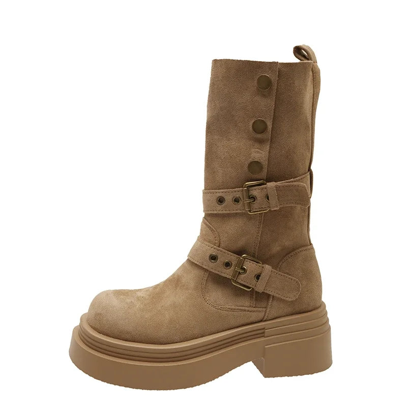 Ingvn  Vintage Spring Autumn Women Motorcycle Boots Fashion Belt Buckle Mid Calf Booties Platform Thick Heel Casual Ladies Shoes