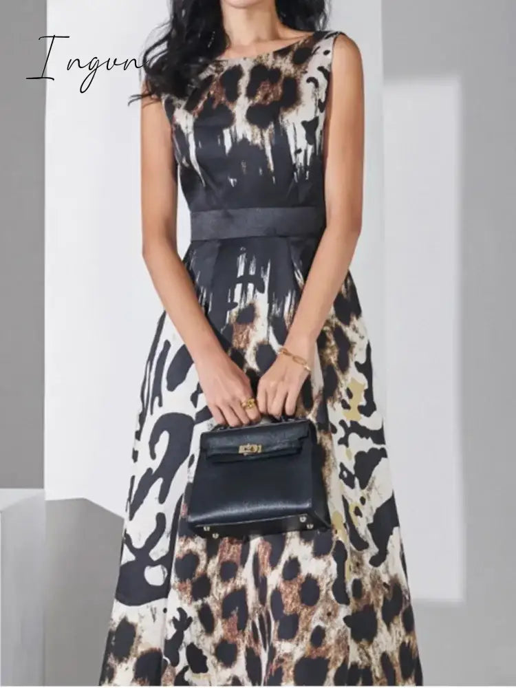 Summer Women Fashion Elegant Casual Midi Dress Sleeveless A-Line Leopard Print Vintage Party Clothes Female Chic Vestidos Robe