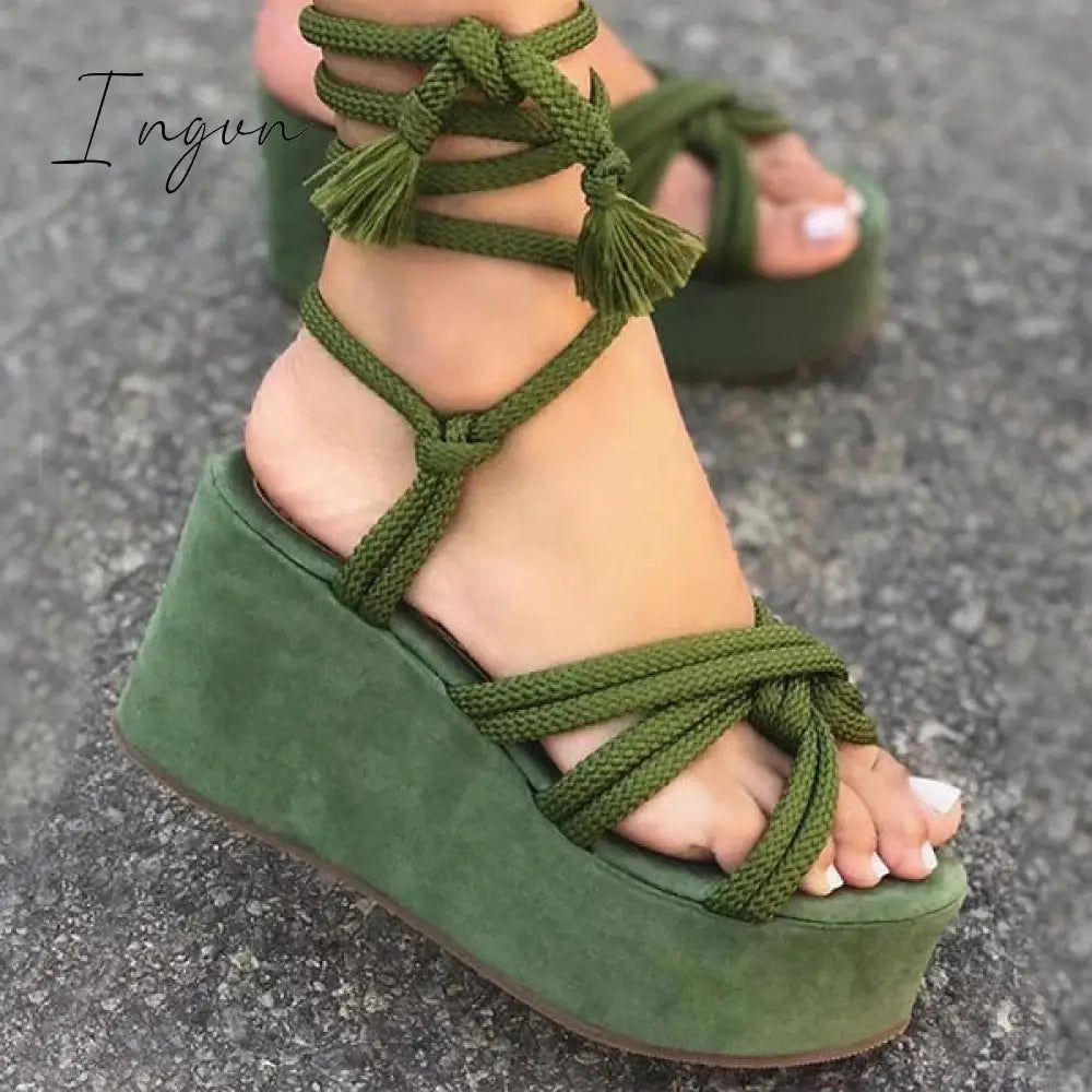 Ingvn - Solid Velvet Ankle Strap Platform Sandals