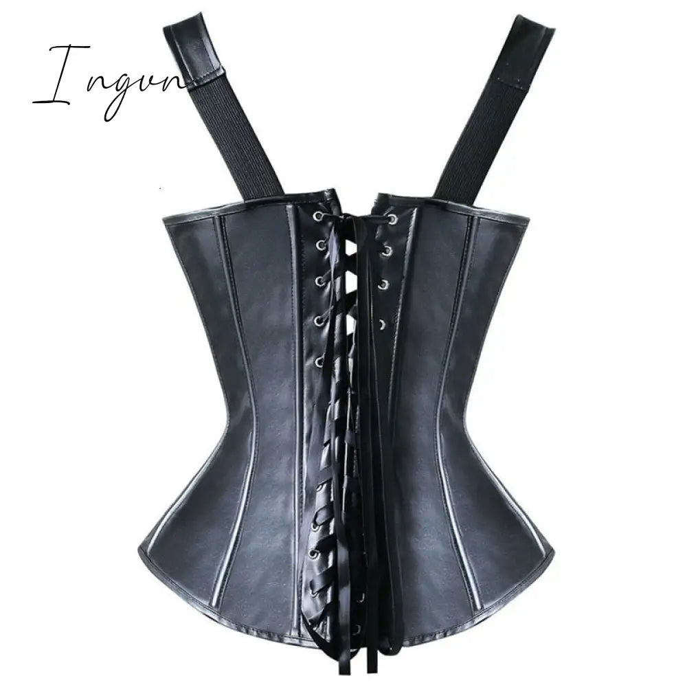 Ingvn - Faux Leather Corset Top Shoulder Strap Corselet Black Zipper Buckled Bustier Waist Trainer Vest Corset Overbust Women Steampunk