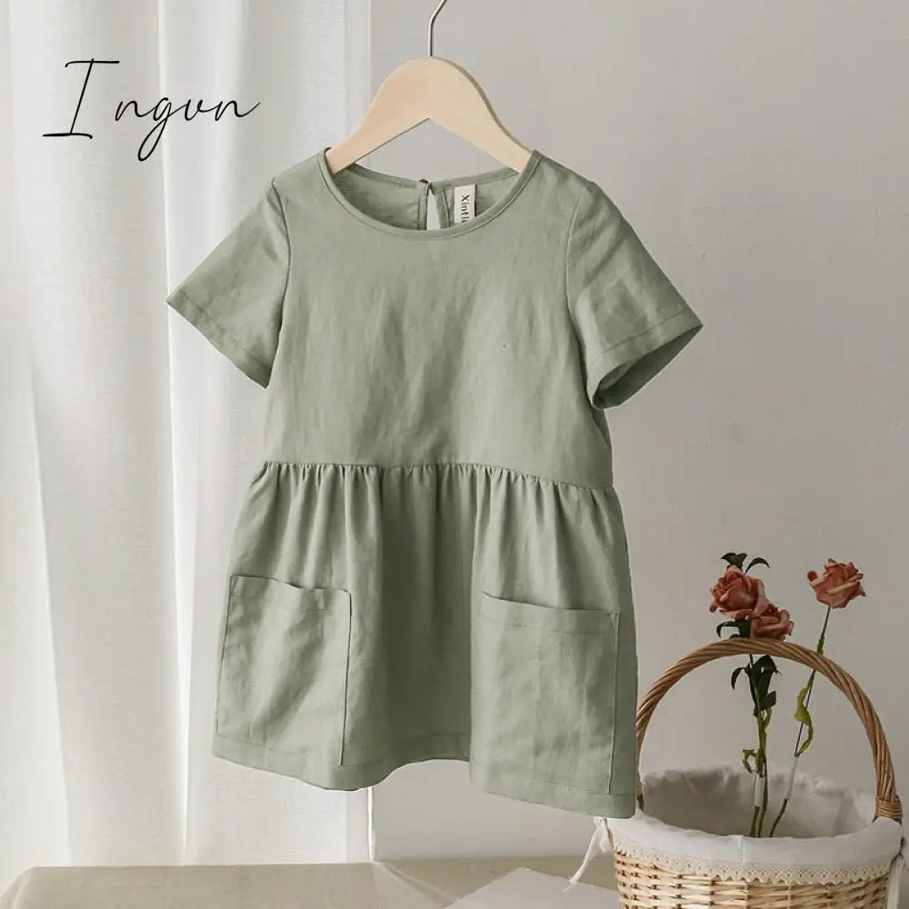 Ingvn - Fashion Cotton Linen Summer Girl Dress Yellow Casual Short Sleeve Kids Holiday Dress With Pockets TZ20