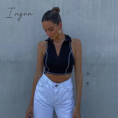 Ingvn - Turn-down Collar Casual Basic Tank Tops All-Match Slim Sleeveless Front Zipper Fly Patchwork Crop Top Trim Clothes Women Summer