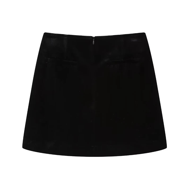 Vintage Women Black High Waist A-line Velvet Mini Skirt