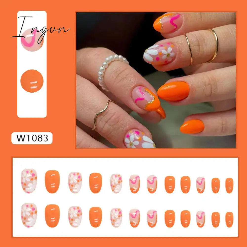 24pcs Cute Fruit False Nail Short Persimmon Orange Printed Press on Nail Manicure Patch Full Cover Detachable Acrylic Nail Tips