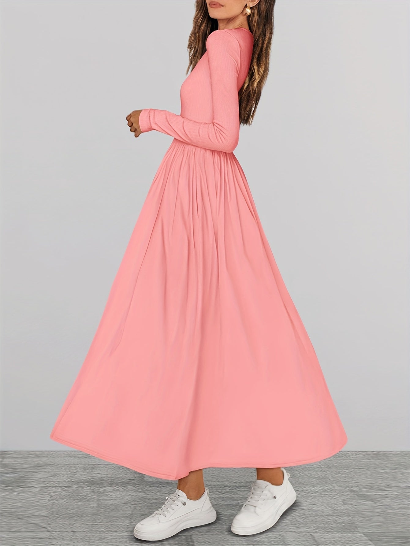 Ladies Casual Long Sleeve Wedding Guest Dress Fall Dress Elegant Bohemian Style Flowing Mid-length Dress With Pockets
