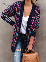 Ingvn - Fitshinling Bohemian Plaid Cardigans Women Vintage Long Coat Female Jacket Knitwear Winter Slim Sweater Cardigan Pockets