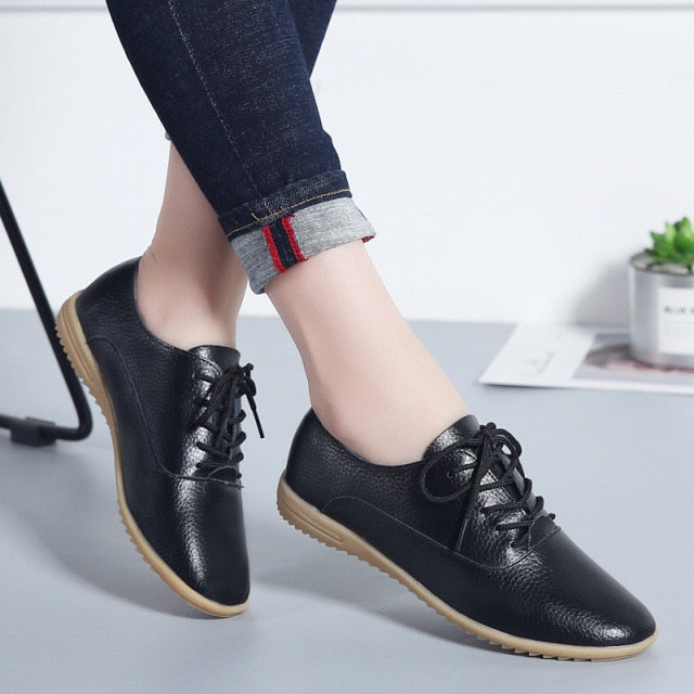 GHJIOL 2026 Spring Women Oxford Shoes Ballerina Flats Shoes Women Genuine Leather Shoes Moccasins Lace Up Loafers Zapatos Mujer