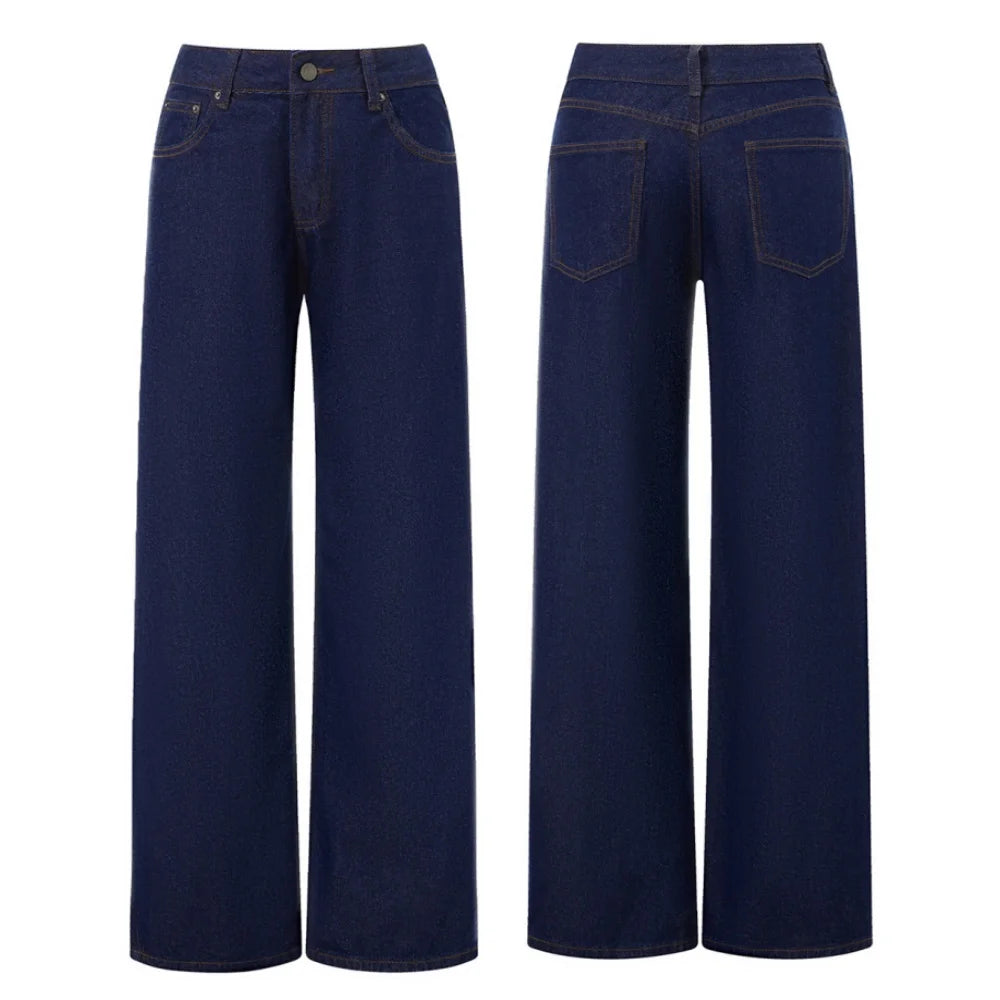 Women Jeans Low Waist Solid Color Wide Leg Straight Trousers with Pockets for Daily Streetwear Fashion Denim Pants