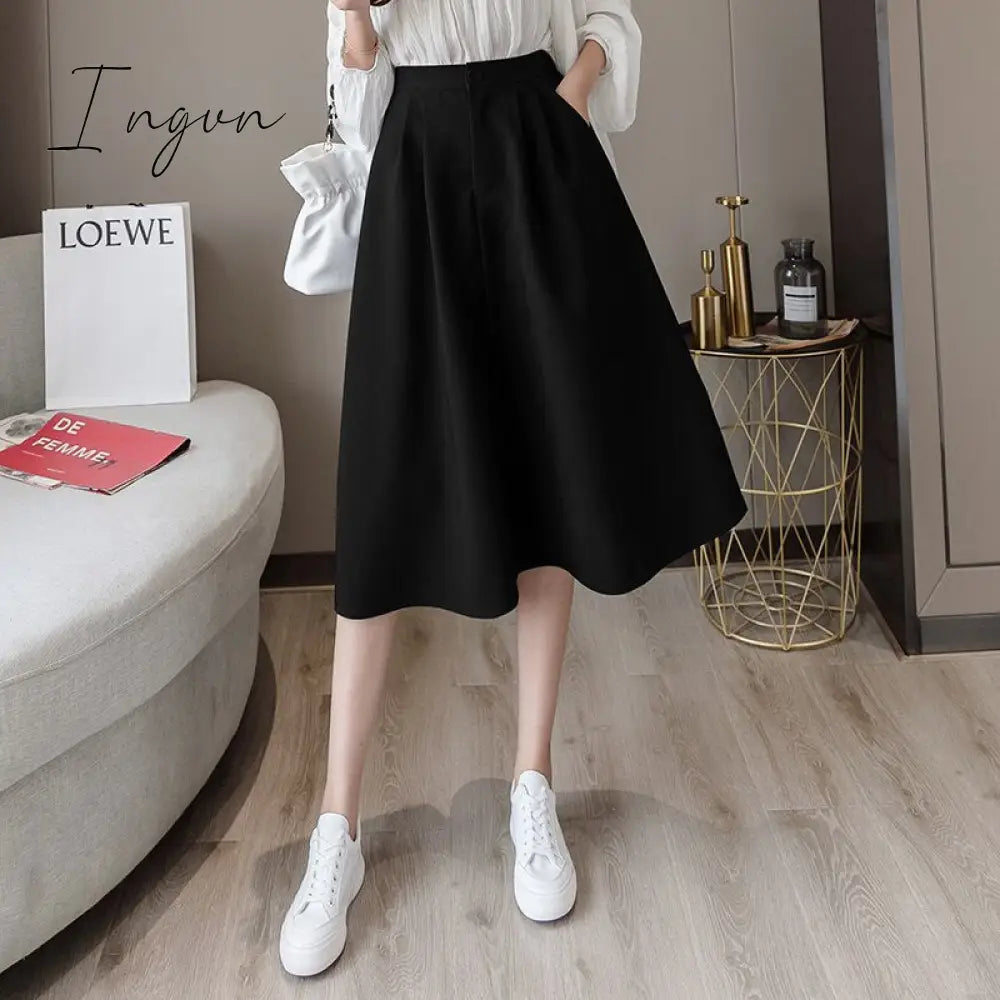 Ingvn - New Spring Summer High Waist Midi Skirt Women Casual Pocket Solid Color Loose A-Line Umbrella Skirt Female Petticoat