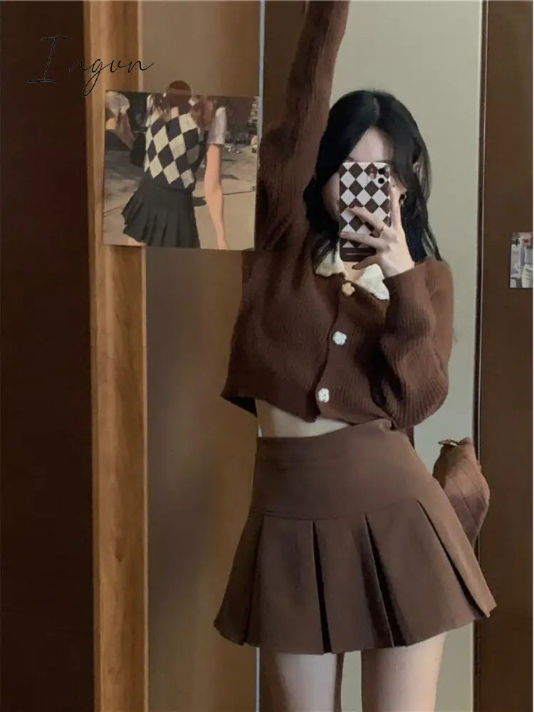 Ingvn - Vintage Knitted Suit Women's Spring Korean Style Warm Mini Skirts Trend Chic Elegant Sweater Women's Skirt and Cropped Set