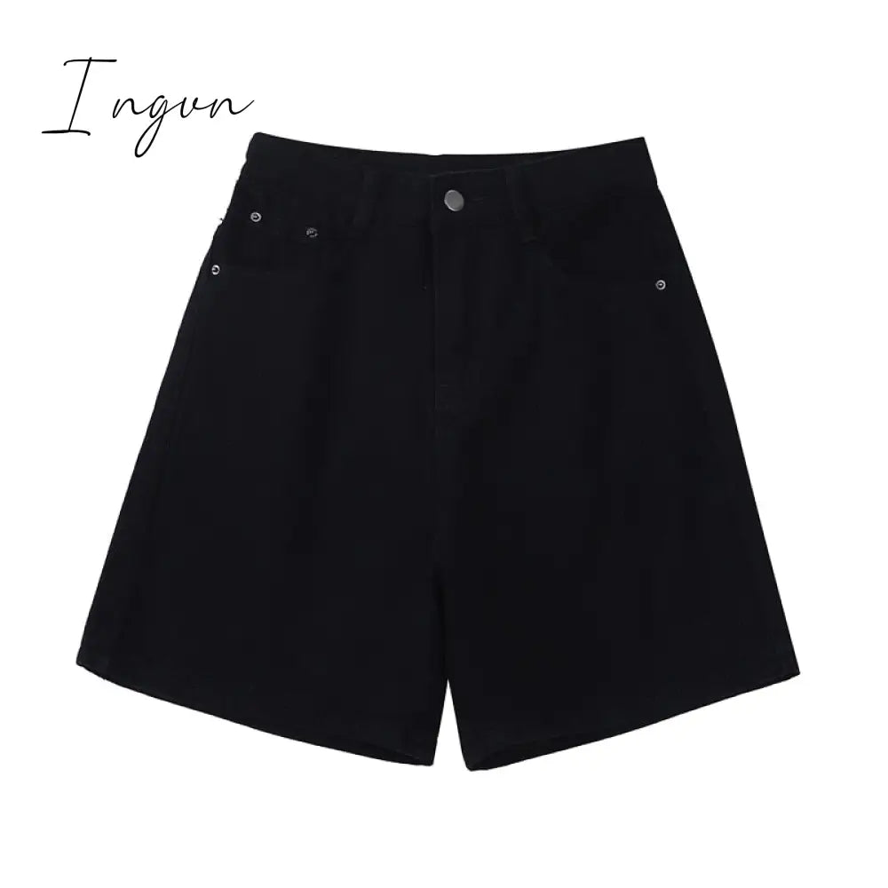 Ingvn - Women's Short Summer High Waist Jeans Baggy Straight Five Points Trousers Streetwear Vintage Mom Denim Wide Leg Short Pants