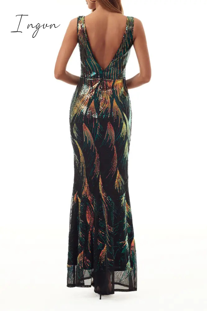 Ingvn - Elegant College Color Block Contrast V Neck Evening Dress Dresses
