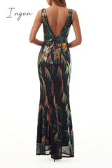 Ingvn - Elegant College Color Block Contrast V Neck Evening Dress Dresses